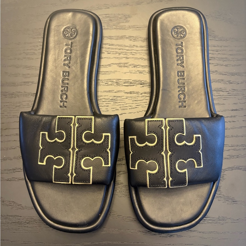 Black and Gold Tory Burch Slide Sandals Sz 6